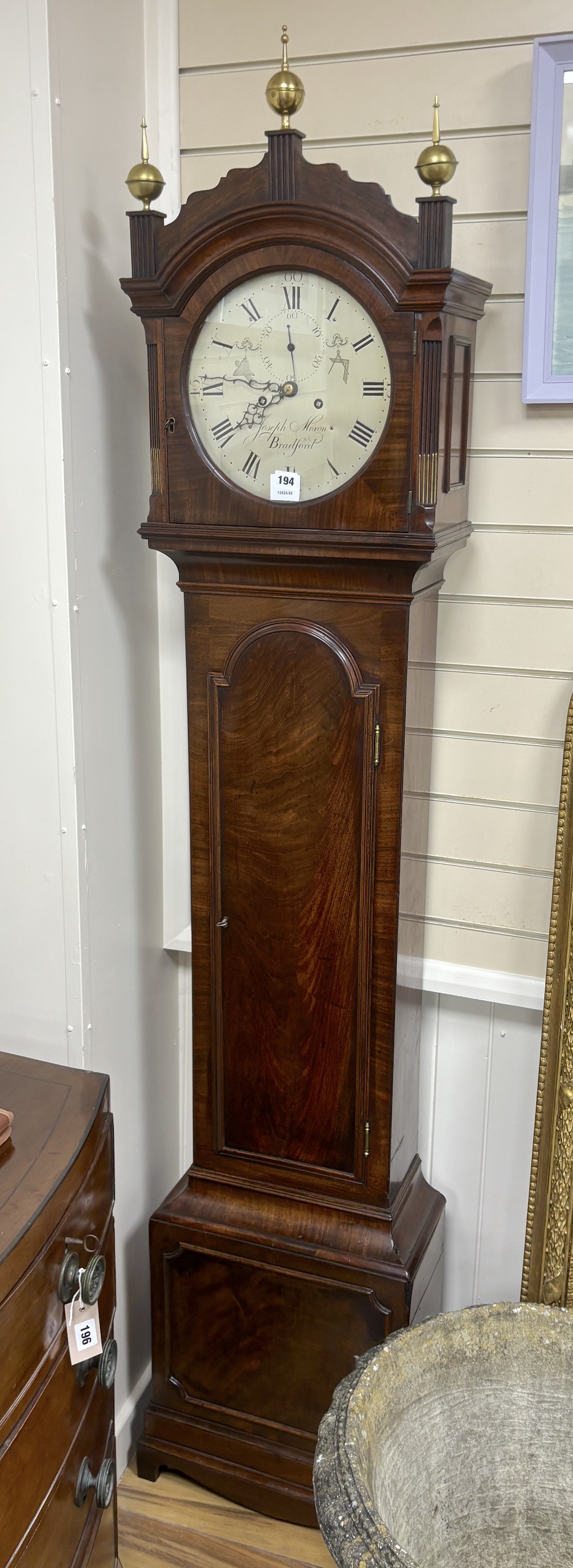 An early 19th century mahogany eight day longcase clock, with silvered dial, marked Joseph Moxon, Bradford, height 212cm